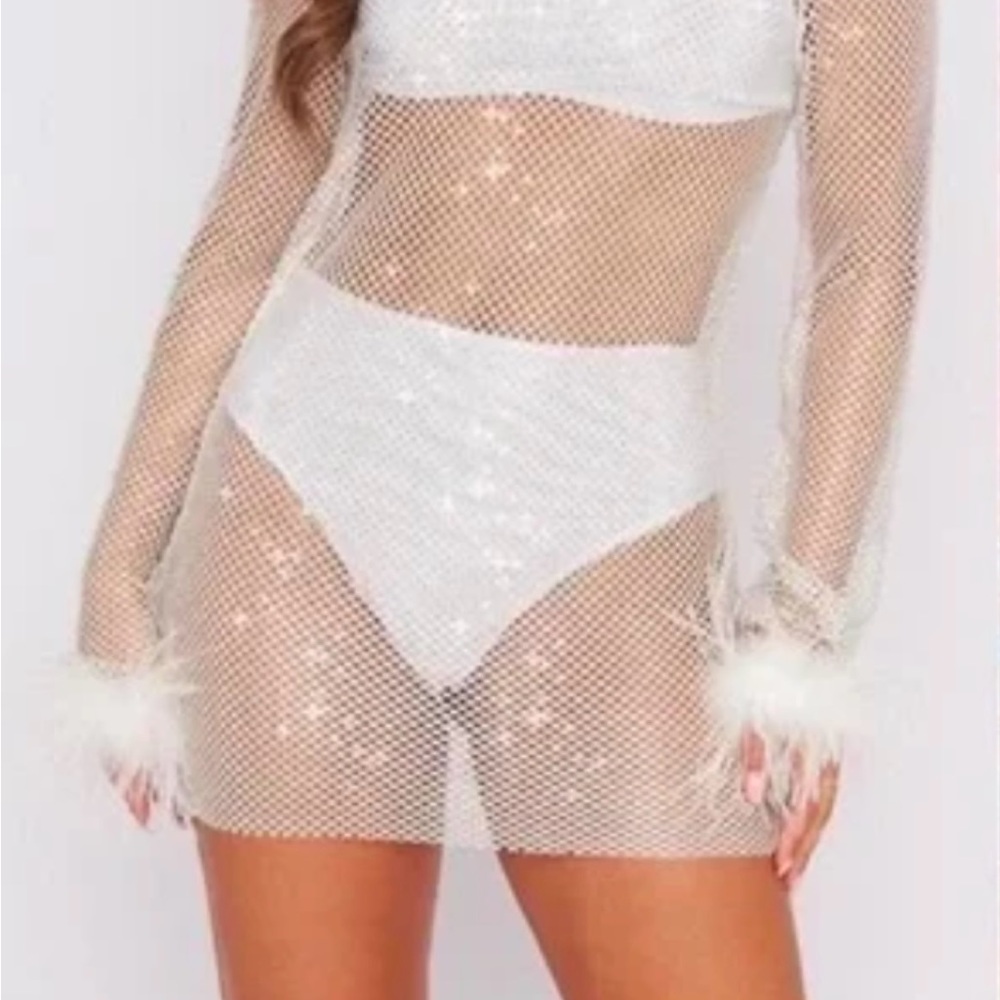 Bachelorette Sheer Sparkle White Mesh Dress with Feather Cuffs. Size Medium